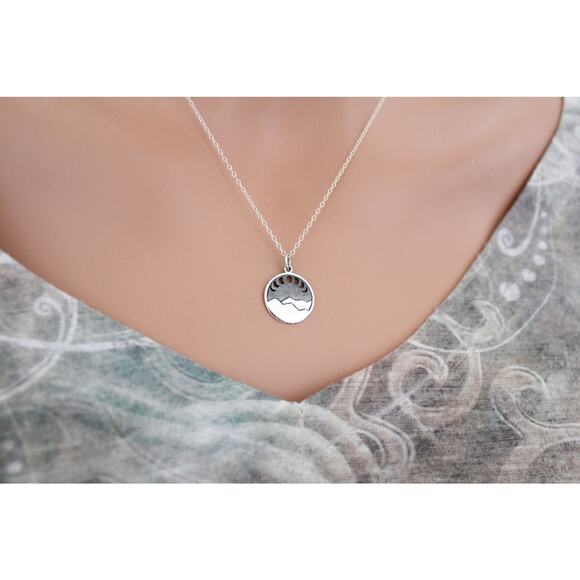 Sterling Silver Sterling Silver Mountain Charm with Moon Phase Cutouts Necklace - Picture 4 of 5